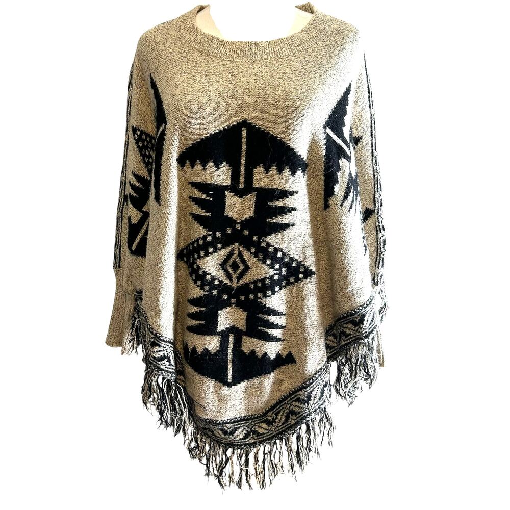 Poncho Cape Shawl Dolman Beige Black Southwestern Art to Wear Fringe West 36th